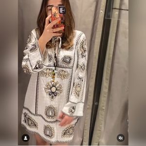 ZARA EMBELLISHED SHORT TUNIC DRESS WHITE TAN XS,X,M NWT 5107/059